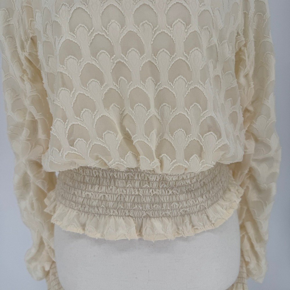 HM Smocked Mock Neck Blouse 10 Cream Sheer Victorian Coquette Cottagecore Boho - Picture 3 of 12